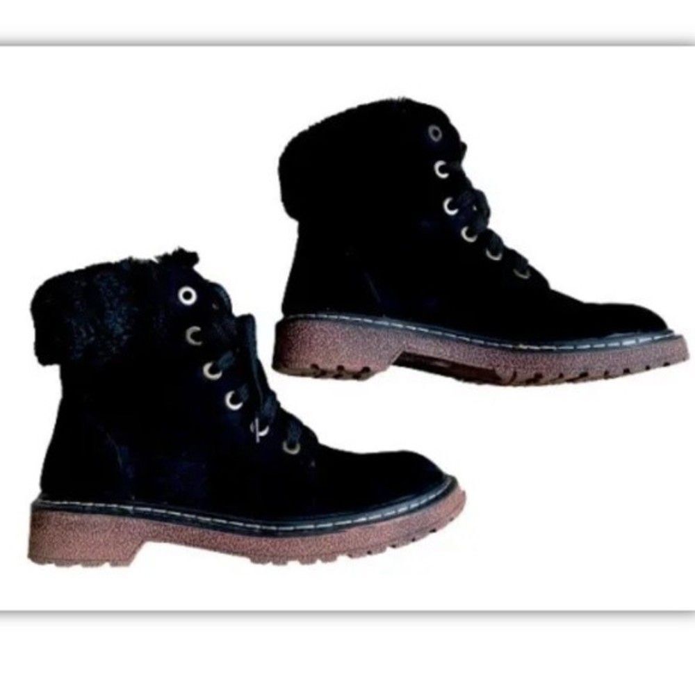 DODO Women Ankle Boot Faux Suede & fur Black Lined Size 7.5 Lace Up